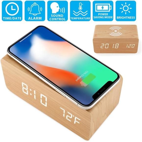 Alarm Clock with Qi Wireless Charging Pad Compatible with iPhone Samsung Wood - Picture 3 of 7